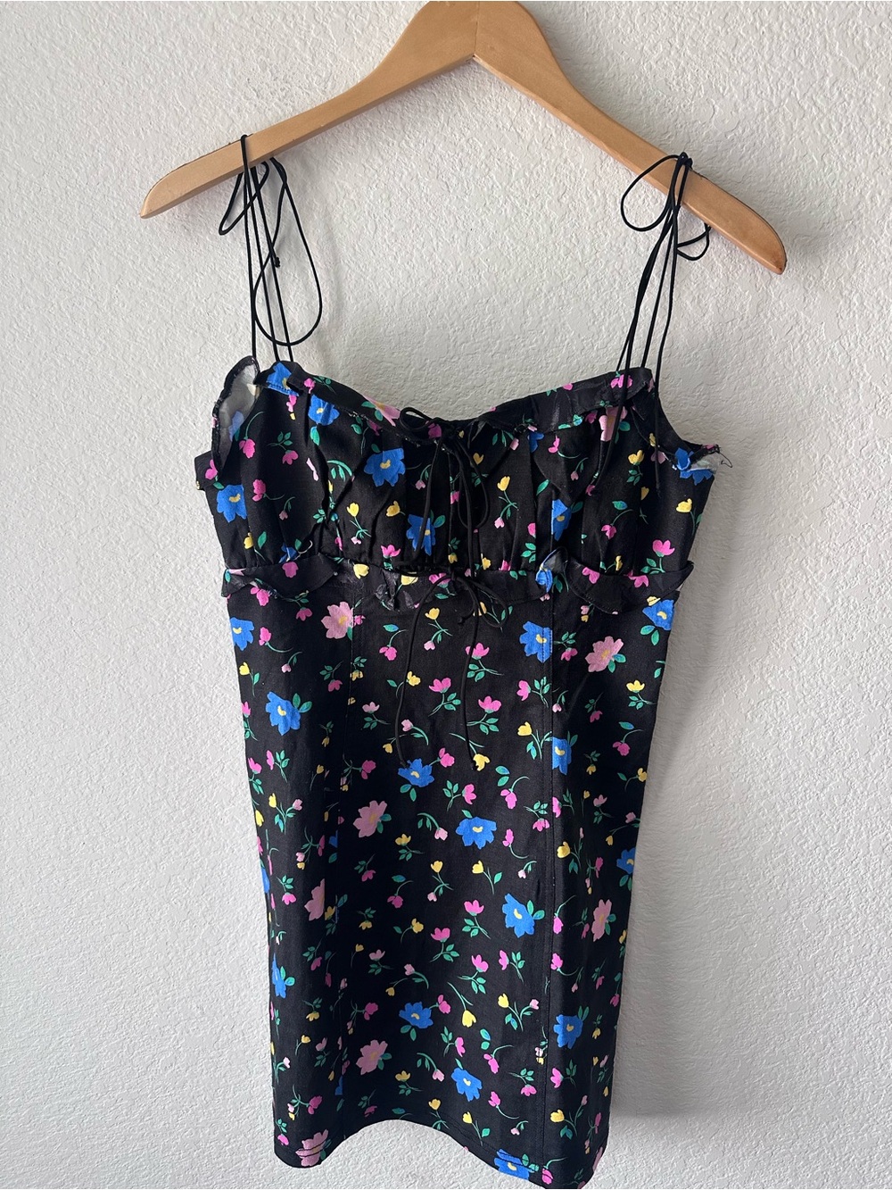For Love & Lemons Floral Mini Dress Black Multi Tie Strap Bustier Size L